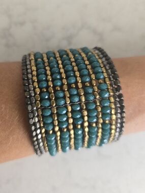 Anthropologie Turquoise & Gold Beaded Cuff Bracelet